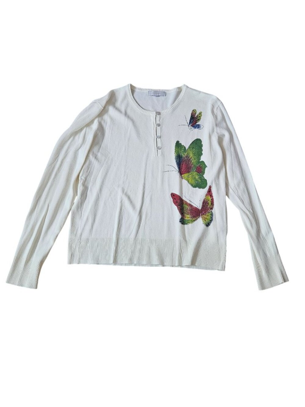 Bogari White Long-Sleeve Sweater With Colorful Butterfly Print & Button Accents